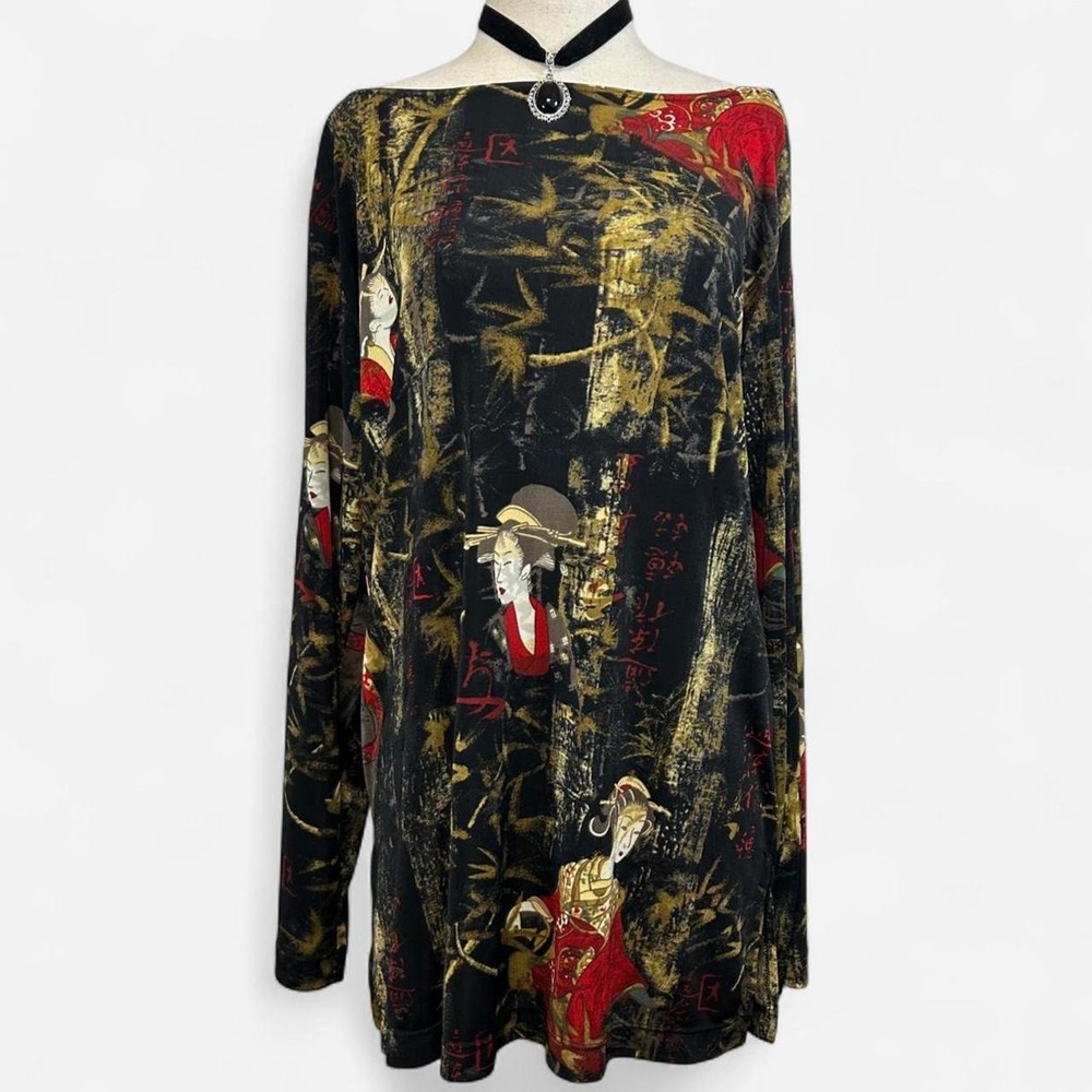 Vintage Chicos Asian Geisha Graphic Long Sleeve Top Womens 3 Oriental